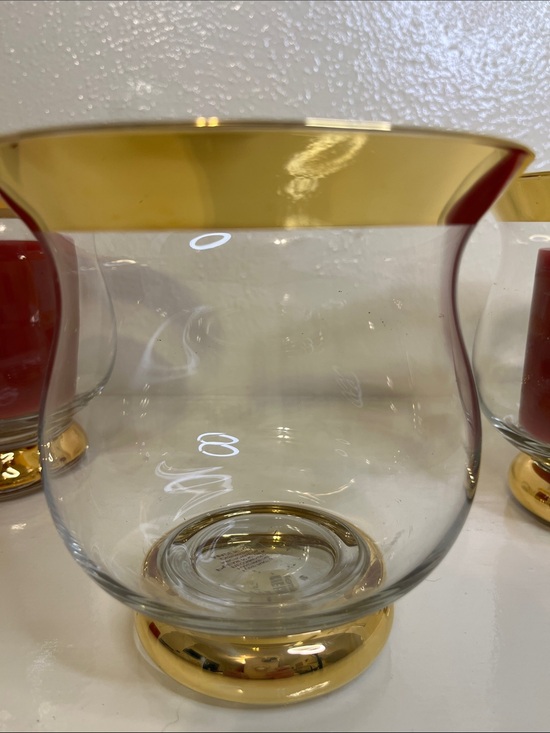 Vintage Crate & Barrel Minuet Hurricane Candle Holders - Set of 3 - Gold Rimmed